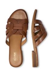 Жіночі шкіряні мюлі коньячного кольору BUTYD-1266-1F(W26), вигляд виробу зверху на білому фоні.