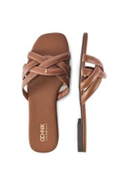 Жіночі шльопанці з верблюжої шкіри з тасьмою BUTYD-1222-1D(W26), вигляд виробу зверху на білому тлі.