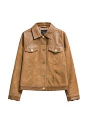 Бежева жіноча шкіряна куртка KURDS-0572-1B(W26), вигляд виробу спереду на білому тлі.