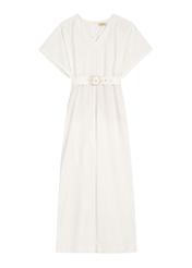 Жіночий кремовий комбінезон KOBDT-0013-0B(W26), вигляд виробу спереду на білому тлі.