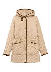 Бежева жіноча стьобана куртка KURDT-0646-1B(W26), вигляд виробу спереду на білому тлі.