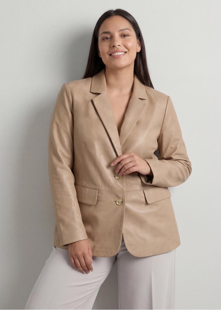 Beżowa skórzana marynarka damska PLUS SIZE KURDS-0645L-1B(W26)