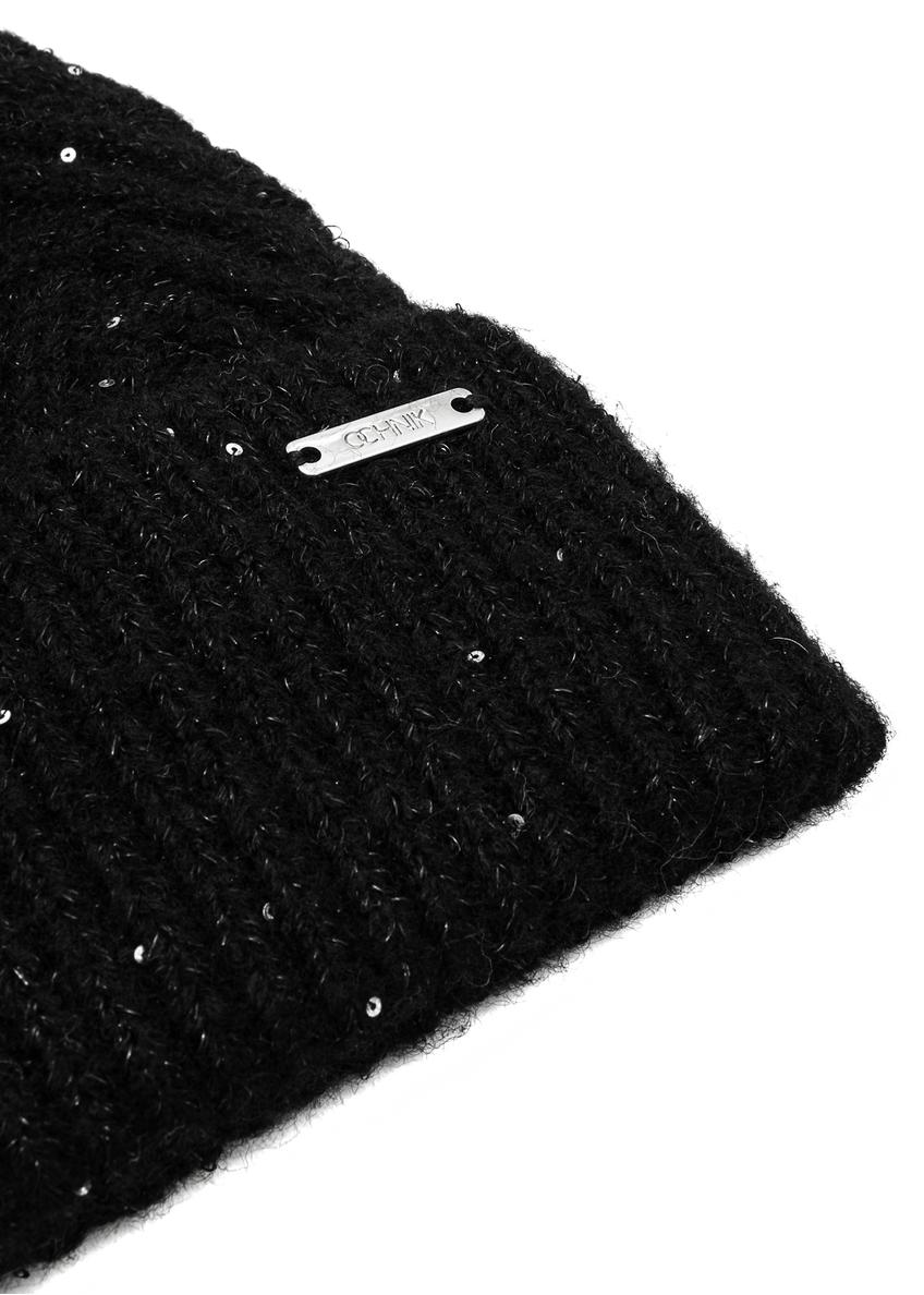 Чорна жіноча шапка з паєтками та помпоном CZADT-0175-98(Z25)