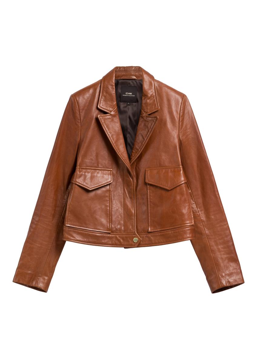 Коротка жіноча шкіряна куртка кольору кемел KURDS-0471-1D(W26)