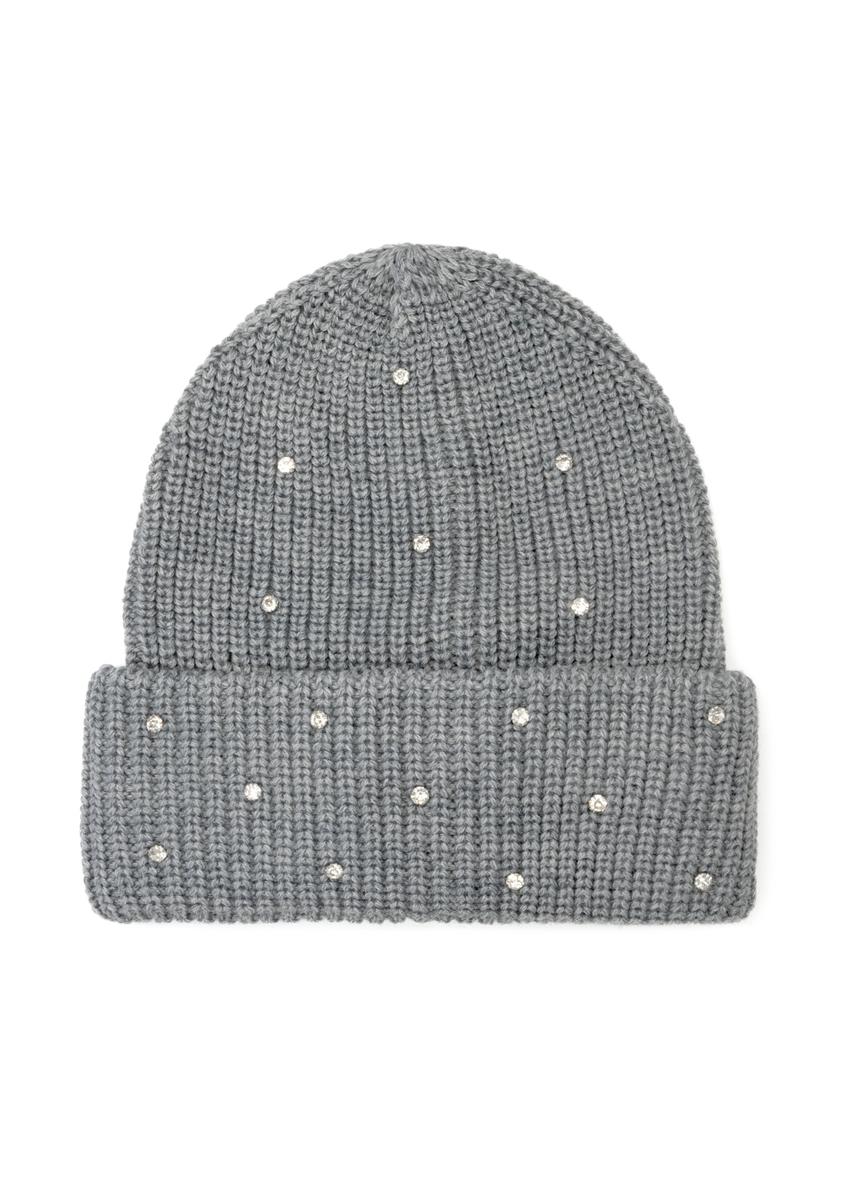 Сіра жіноча вовняна шапка CZADT-0207-91(Z25), вигляд виробу спереду на білому тлі.