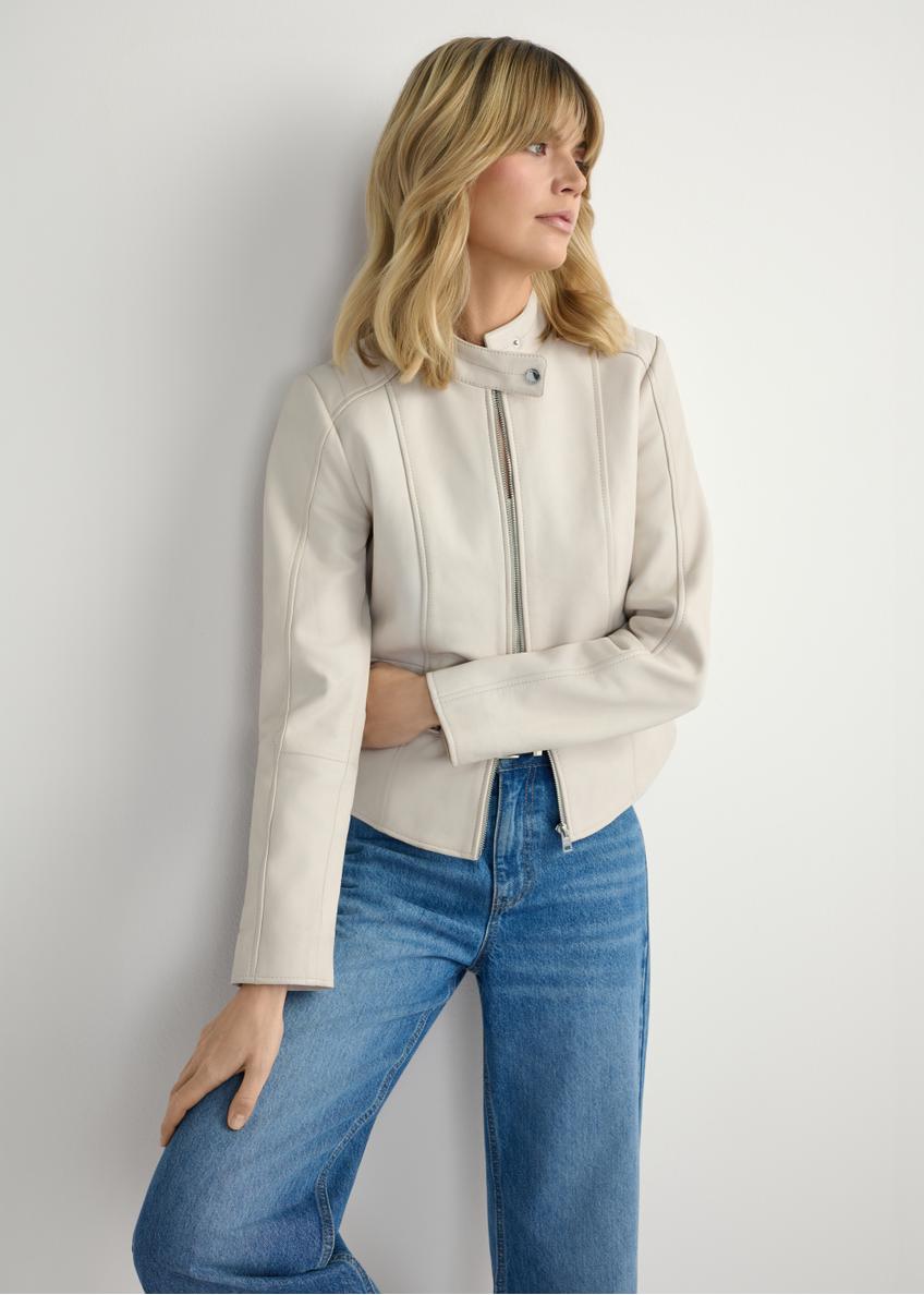 Коротка жіноча шкіряна куртка бежевого кольору KURDS-0603-0B(W26)