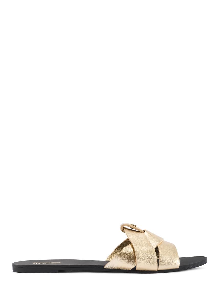 Жіночі золотисті шльопанці з тасьмою BUTYD-0903C-2X(W26), вигляд виробу збоку на білому фоні.