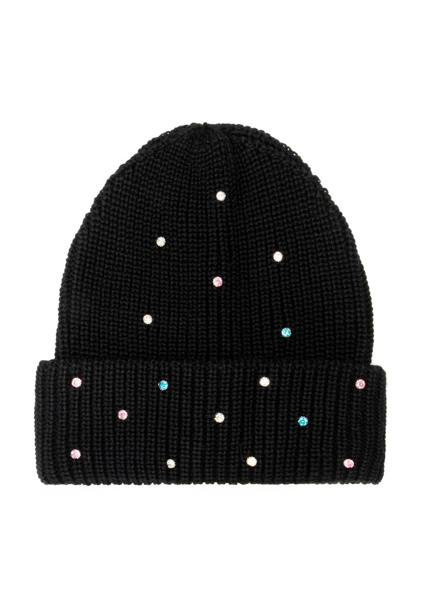 Чорна жіноча вовняна шапка CZADT-0207-99(Z25), вигляд виробу спереду на білому тлі.