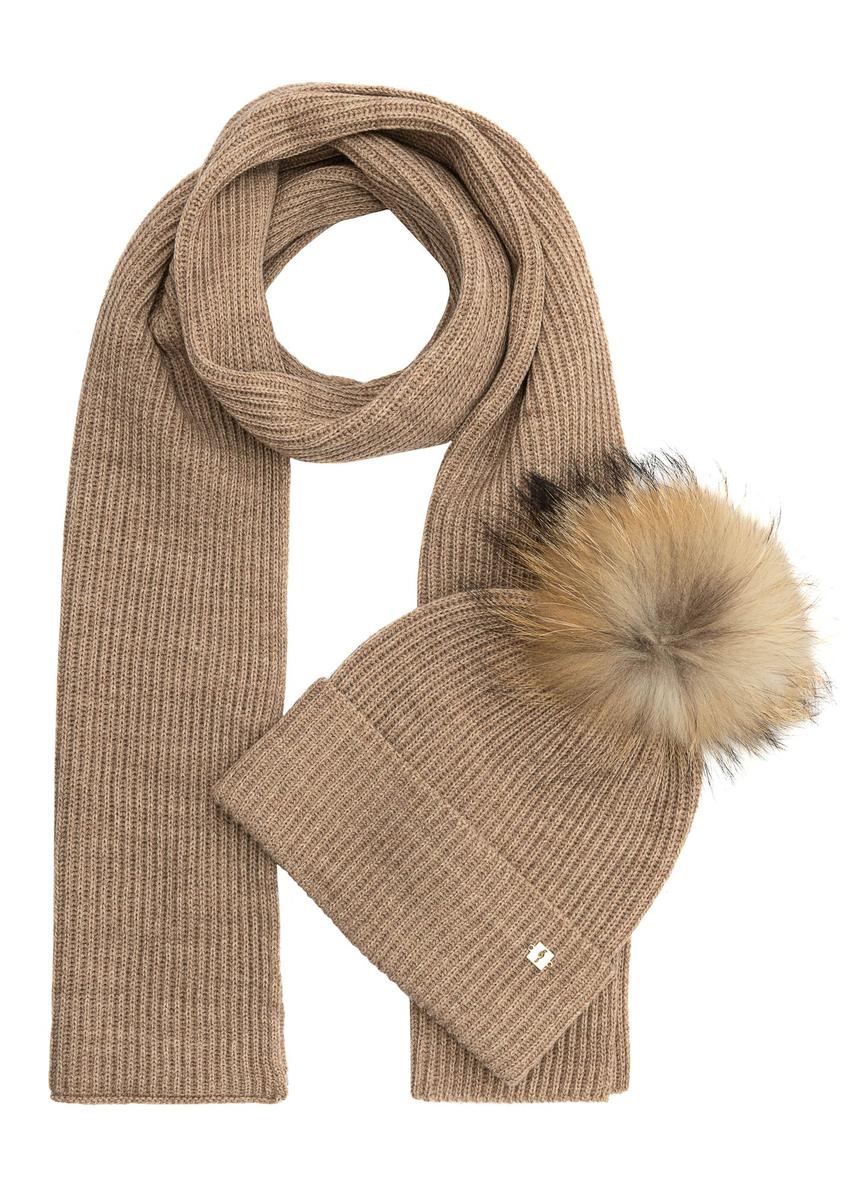 Beżowy zestaw czapka i szalik ZESTD-0001A-81(Z25)