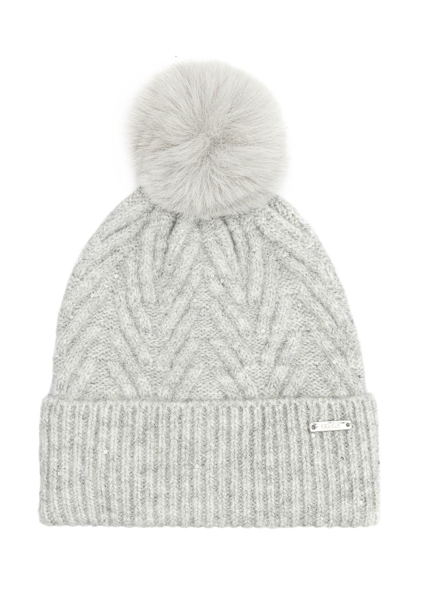 Сіра жіноча шапка з блискітками та помпоном CZADT-0175-66(Z25), вигляд виробу спереду на білому тлі.