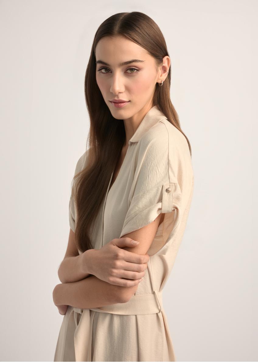 Світло-бежева довга сукня з коротким рукавом SUKDT-0180A-1A(W26)