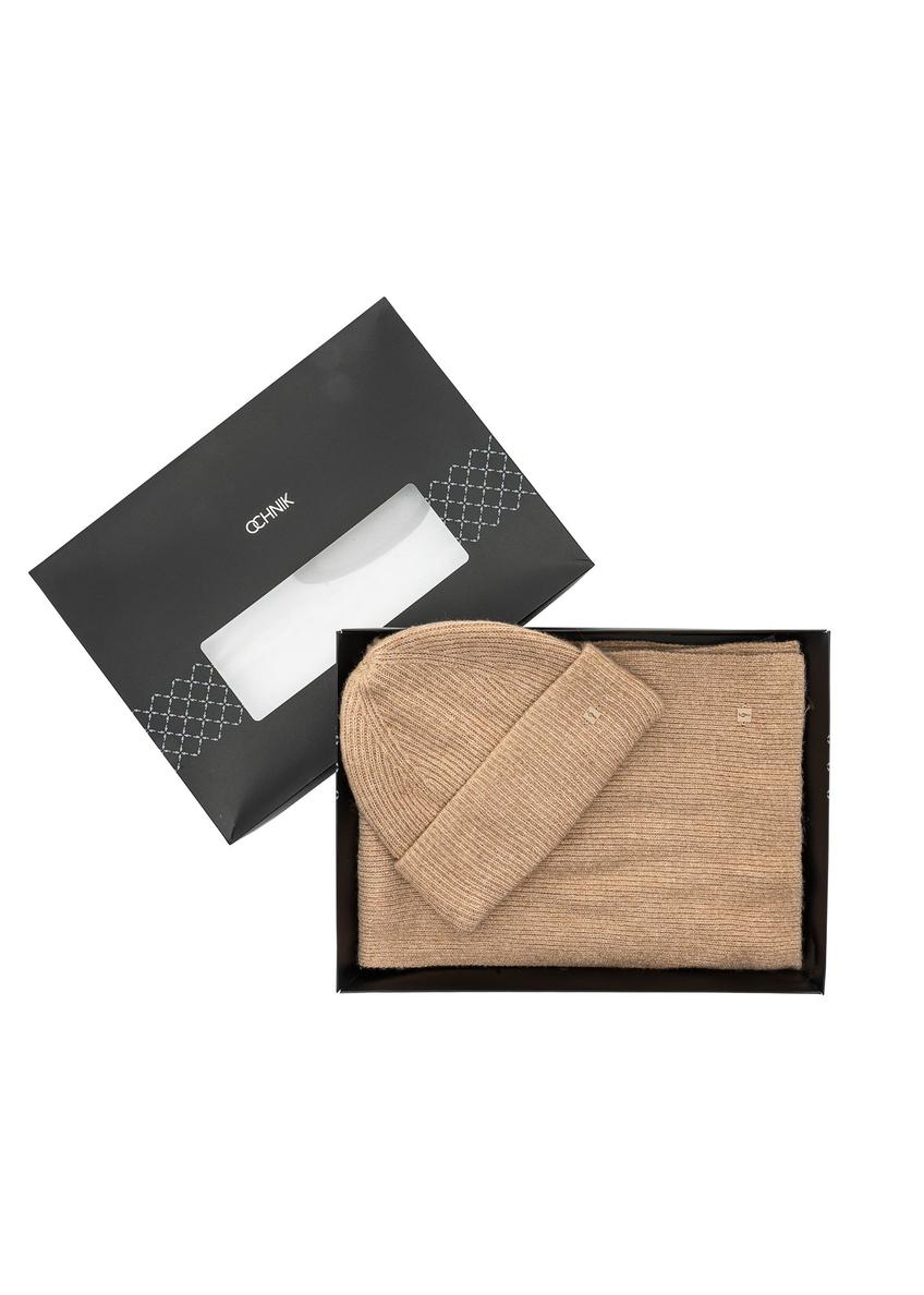 Beżowy zestaw czapka i szalik z wiskozy ZESTD-0012-81(Z25)