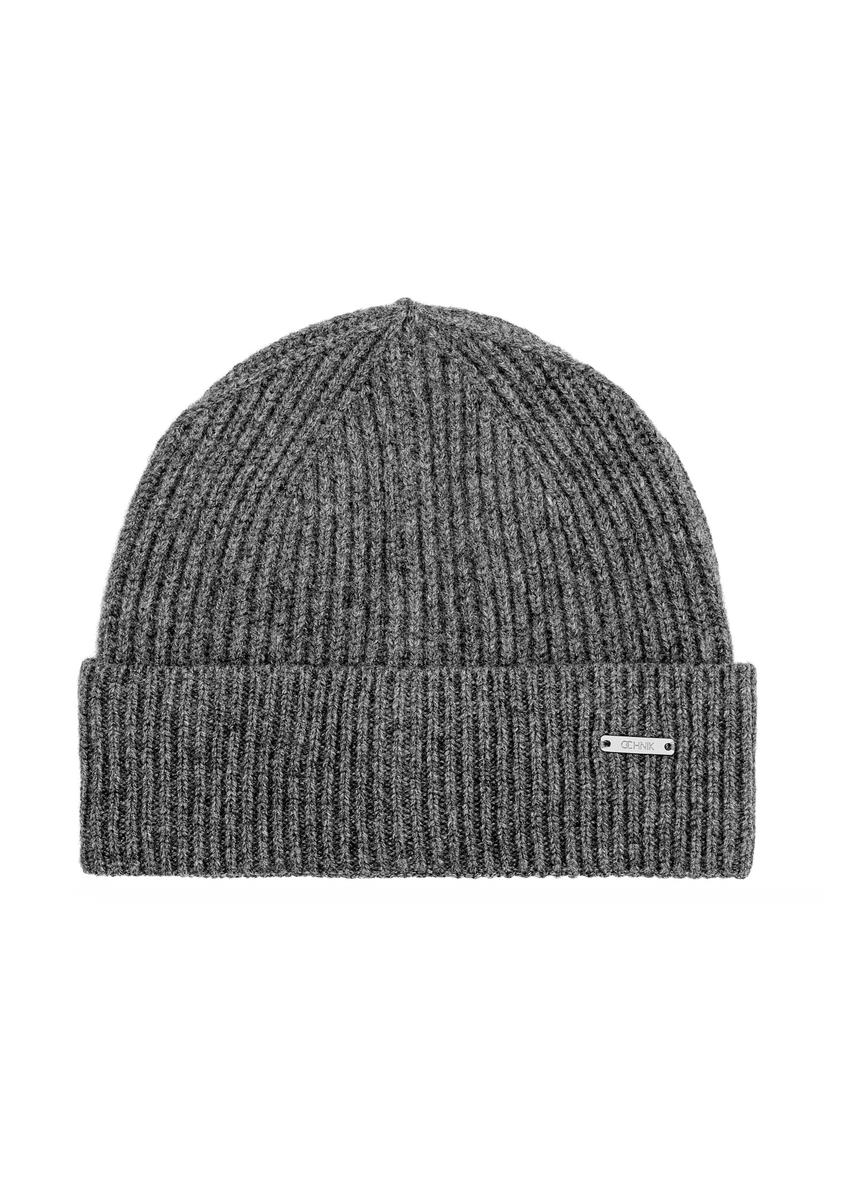 Сіра вовняна чоловіча шапка CZAMT-0085-96(Z25), вигляд виробу спереду на білому тлі.