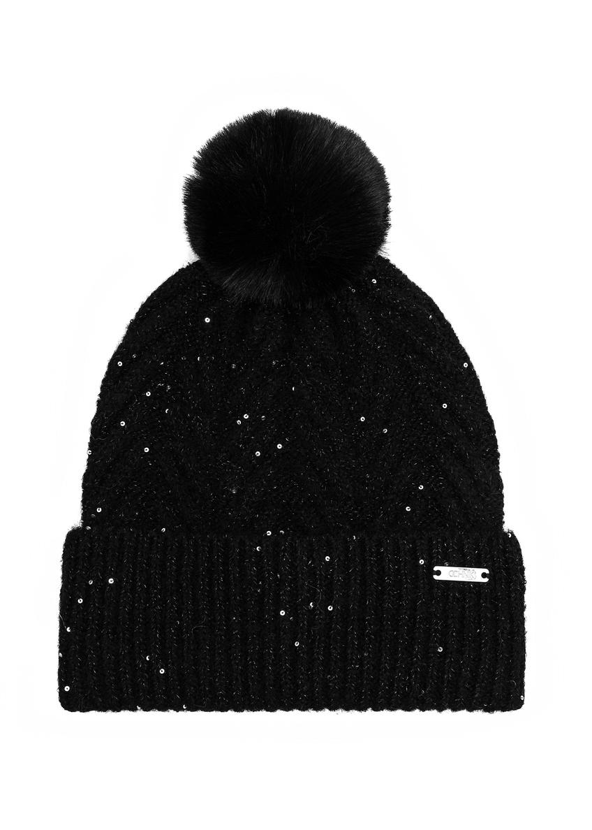 Чорна жіноча шапка з блискітками та помпоном CZADT-0175-98(Z25), вигляд виробу спереду на білому тлі.