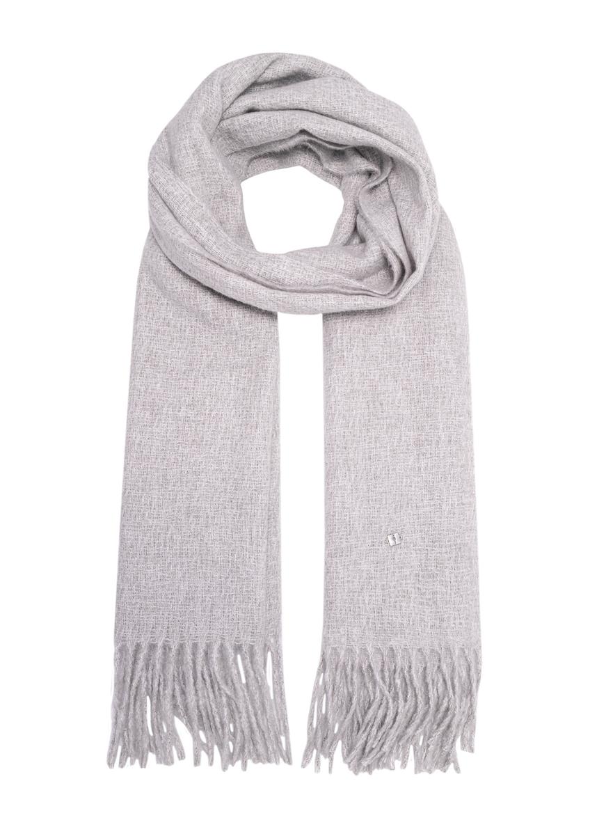 Сірий жіночий шарф з бахромою SZADT-0209-91(Z25), вигляд виробу спереду на білому тлі.