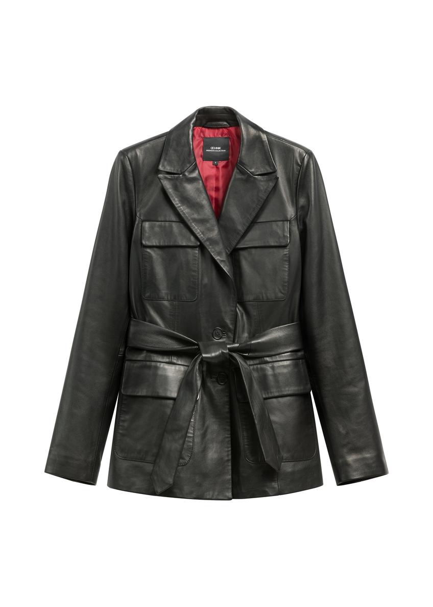 Чорний жіночий шкіряний піджак із ременем KURDS-0545-99(W26)