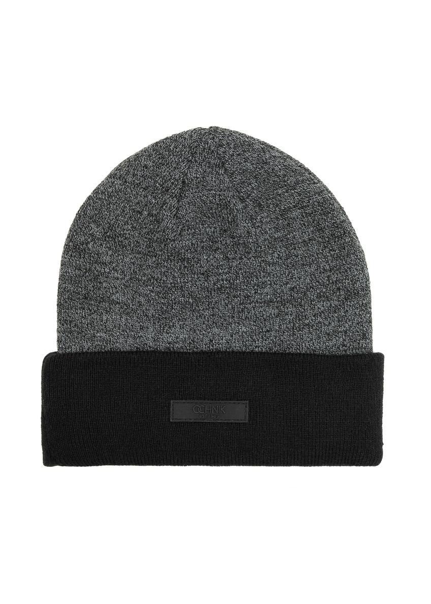 Чоловіча сіра зимова шапка CZADT-0082-95(Z 25), вигляд виробу спереду на білому фоні.