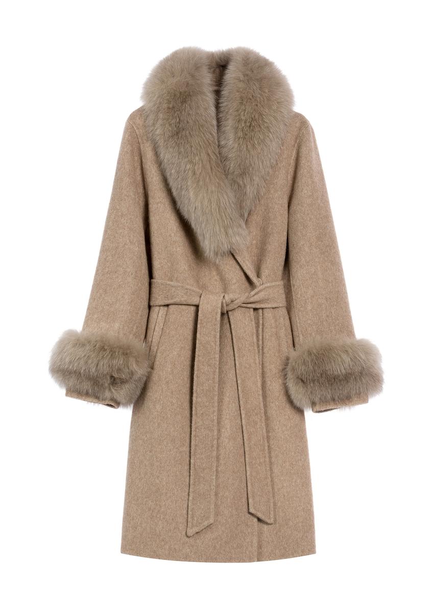 Довга жіноча коричнева вовняна шуба  FUTDF-0112-3181(Z25)