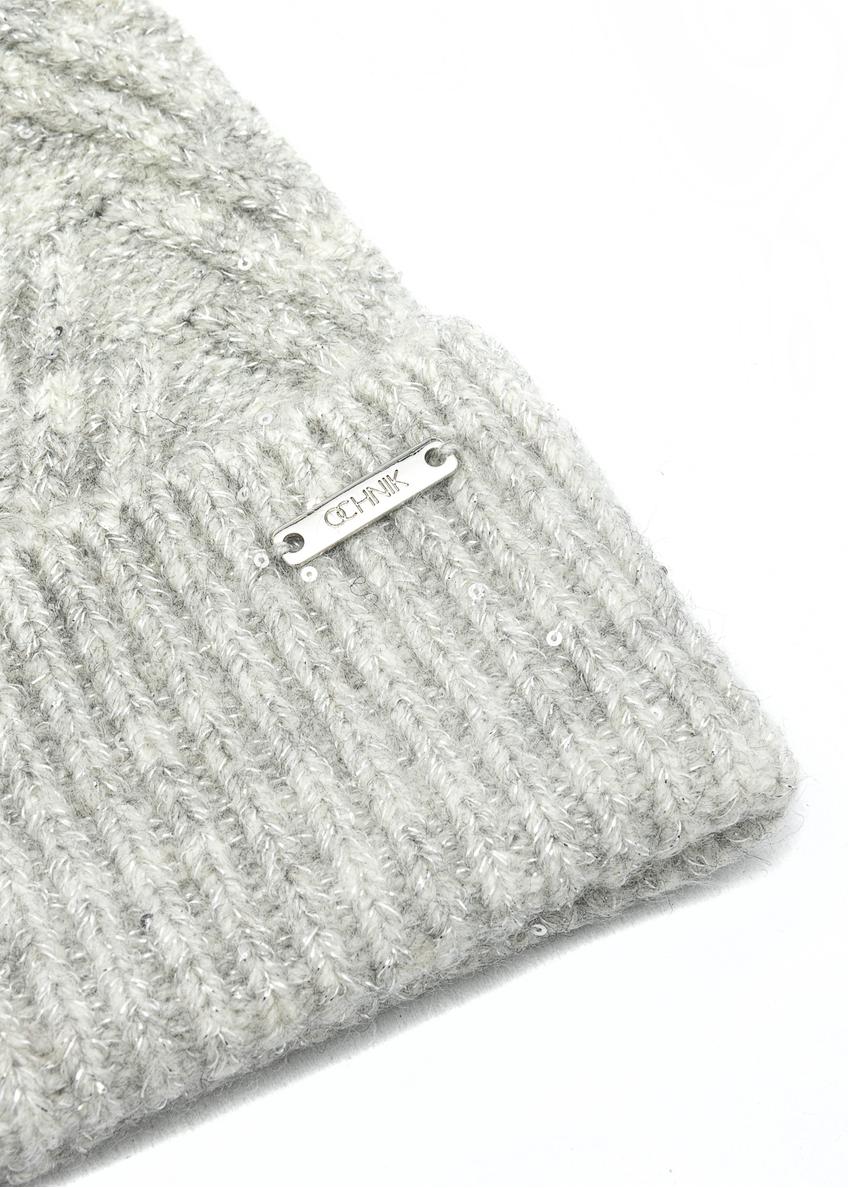 Сіра жіноча шапка з паєтками та помпоном CZADT-0175-66(Z25)