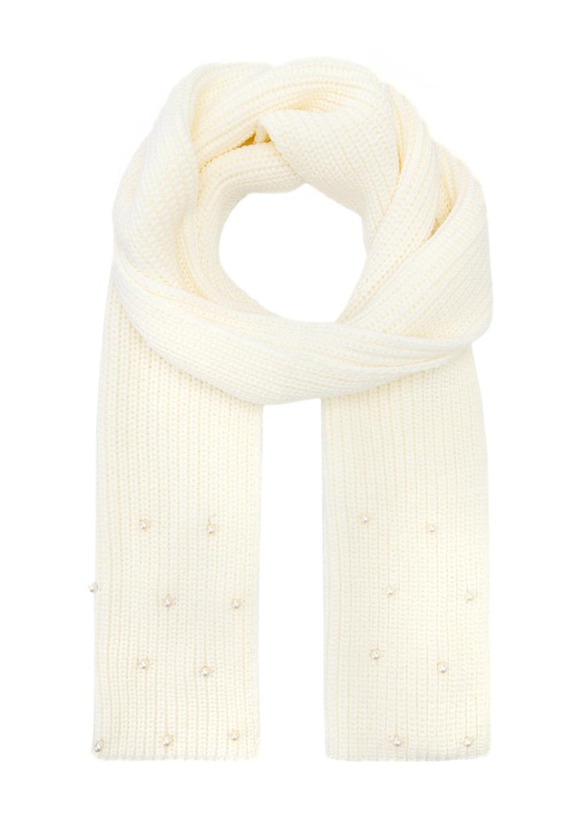 Жіночий білий вовняний шарф SZADT-0211-11(Z25), вигляд виробу спереду на білому тлі.