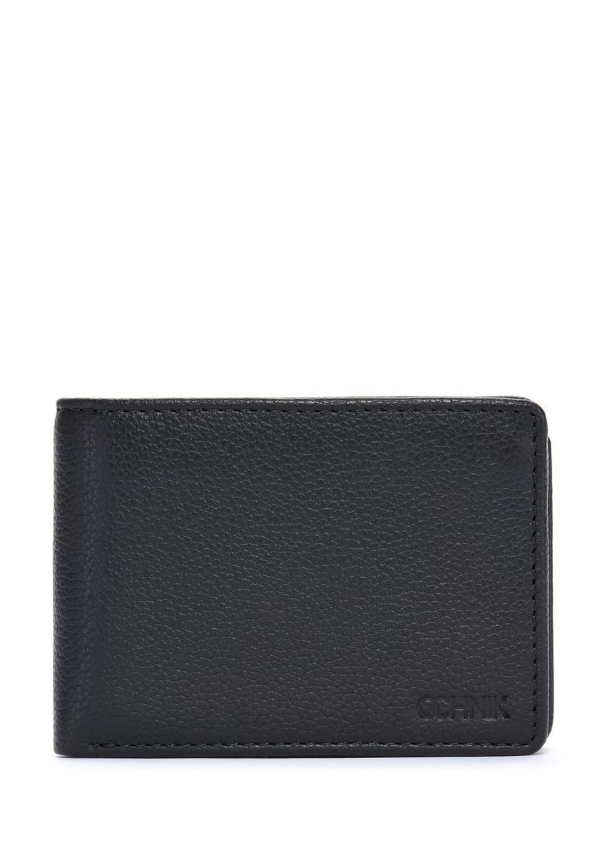 Чорний маленький шкіряний чоловічий гаманець PORMS-0634A-99(Z25), вигляд виробу спереду на білому тлі.