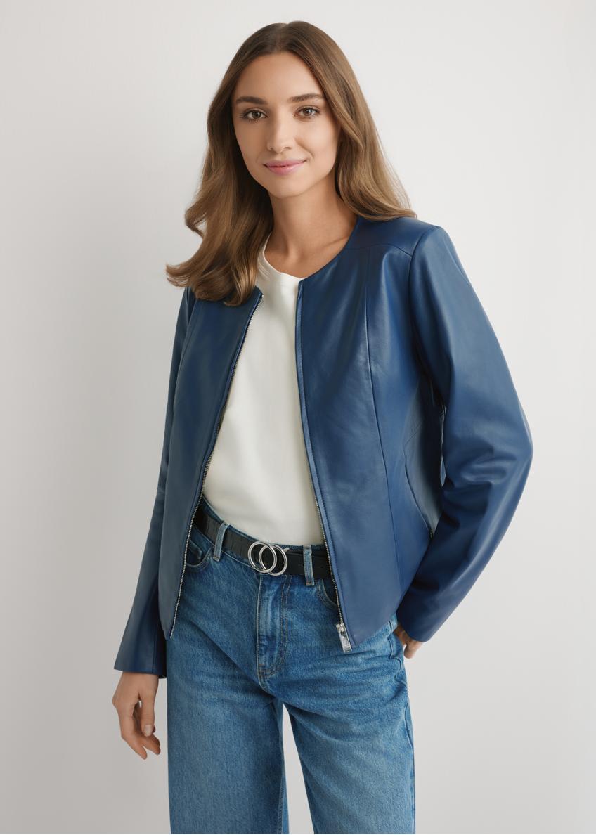 Темно-синя шкіряна жіноча куртка KURDS-0532-7D(W26)