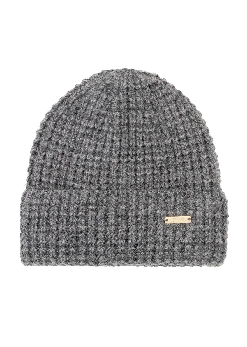 Сіра жіноча вовняна шапка CZADT-0204-95(Z25), вигляд виробу спереду на білому тлі.