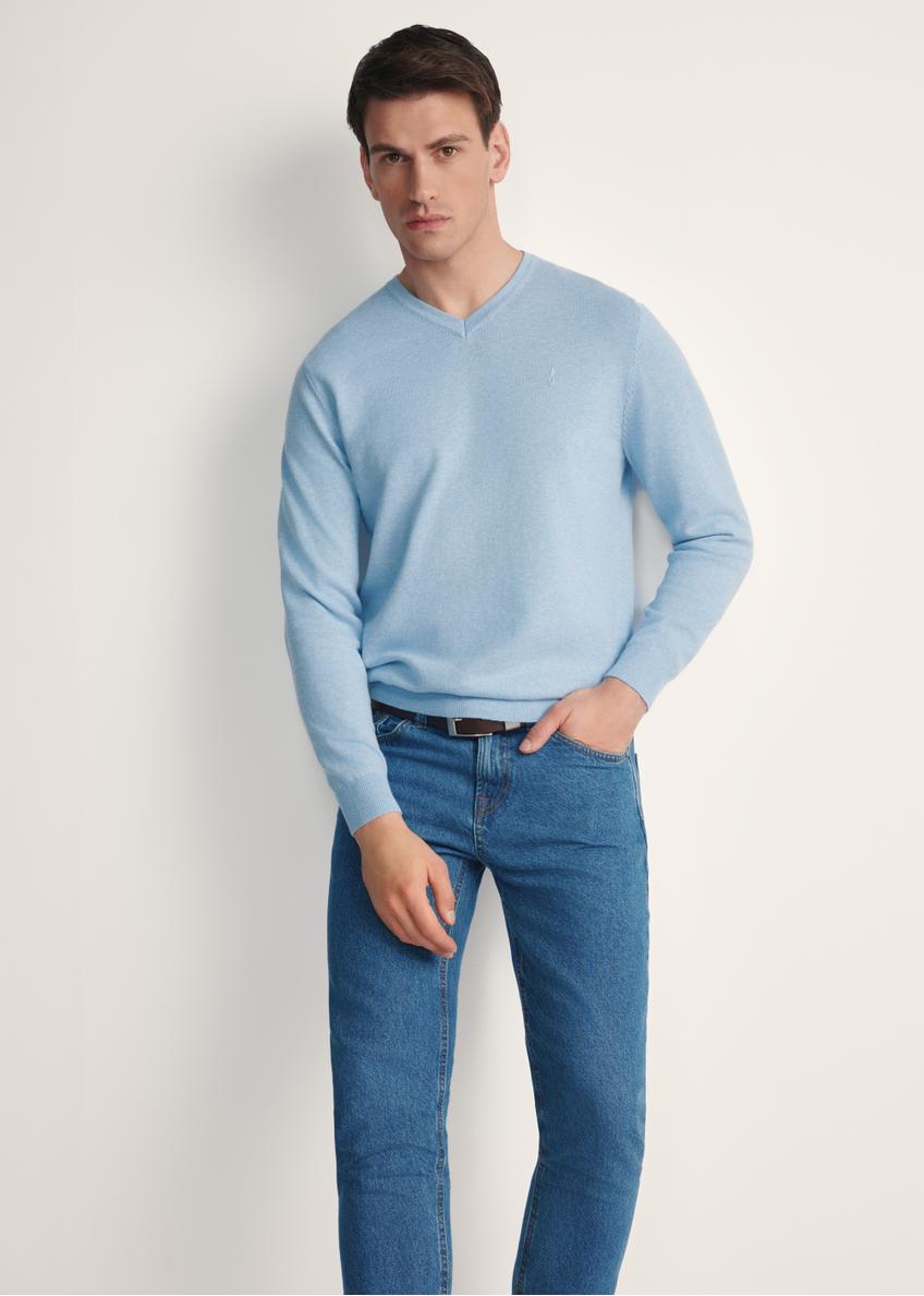 Синій чоловічий светр з логотипом SWEMT-0159A-61(Z25), вигляд виробу спереду на моделі. Видно половину силуету.
