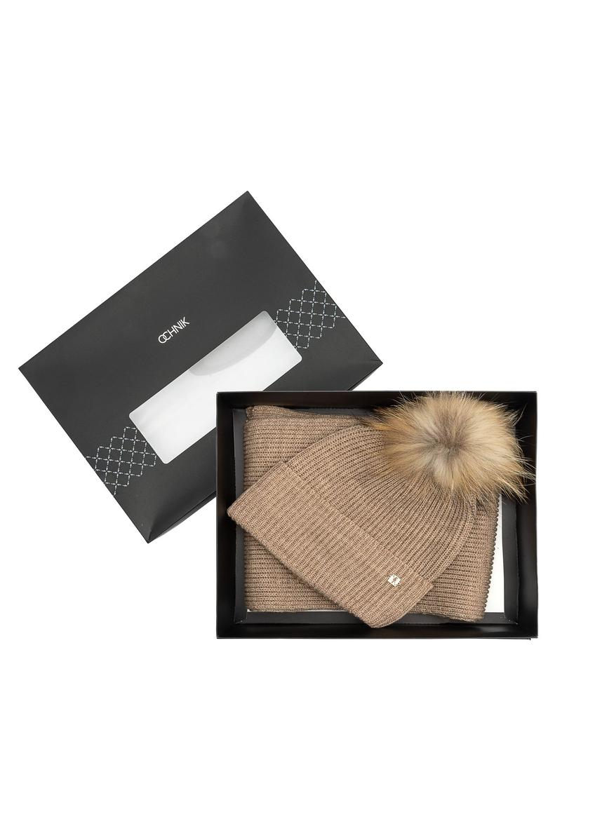 Beżowy zestaw czapka i szalik ZESTD-0001A-81(Z25)