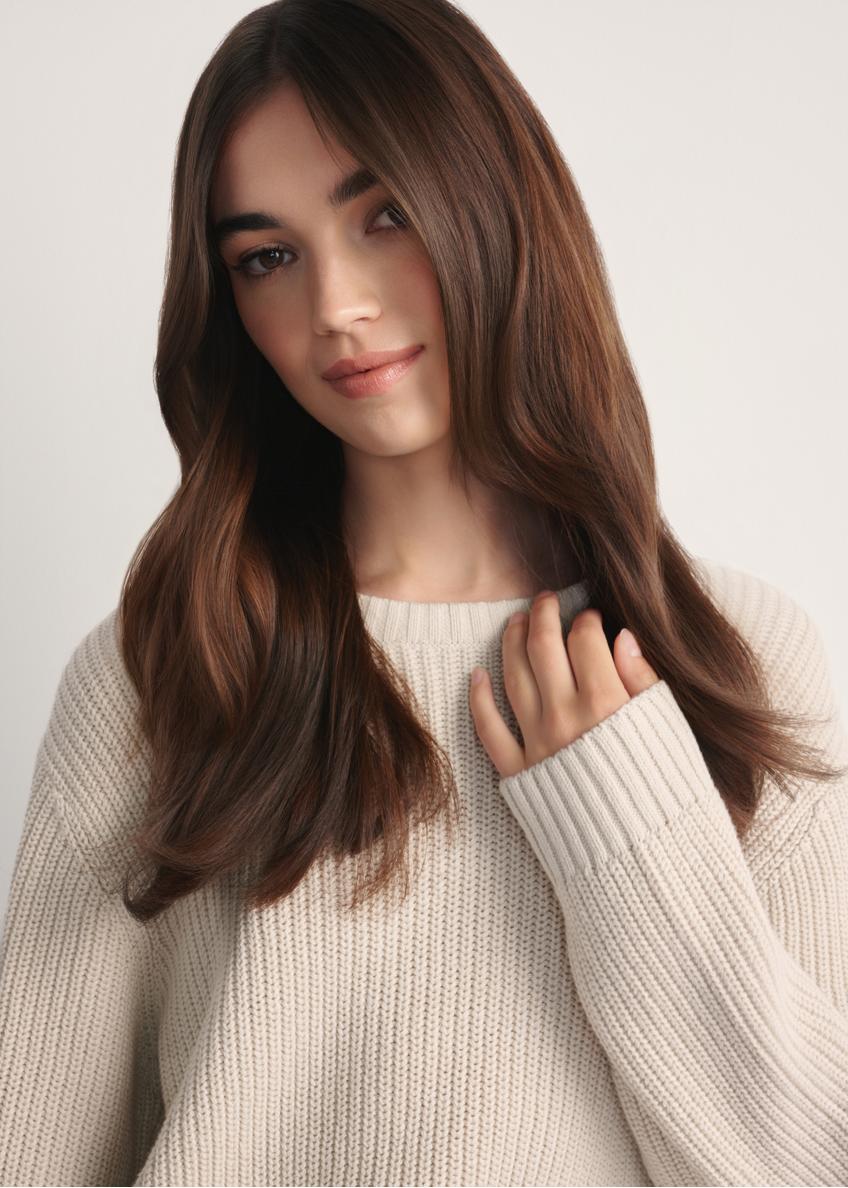 Бежевий жіночий светр SWEDT-0238-81(Z25), крупний план виробу на моделі на світлому фоні.