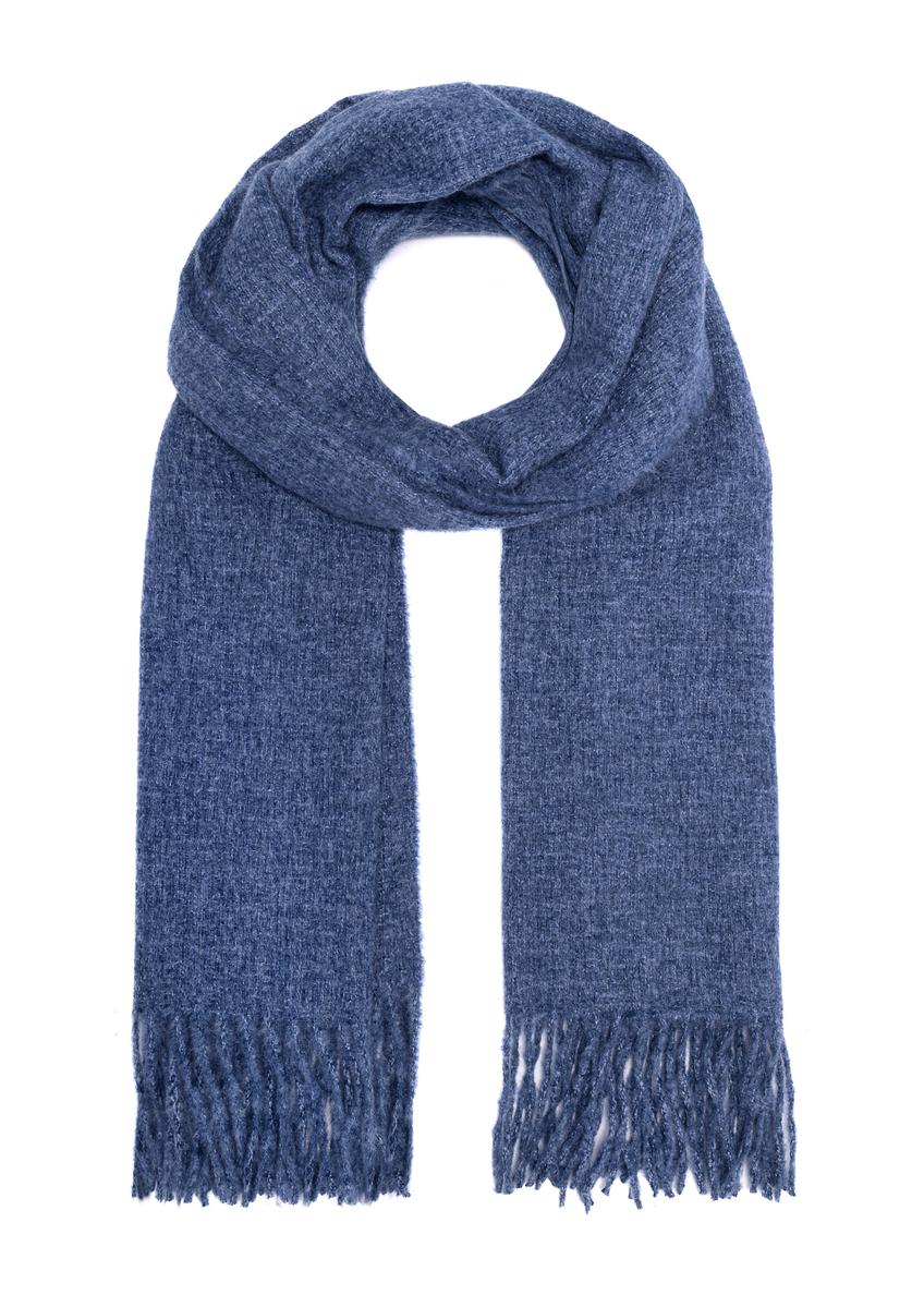 Синій жіночий шарф з бахромою SZADT-0209-61(Z25), вигляд виробу спереду на білому тлі.