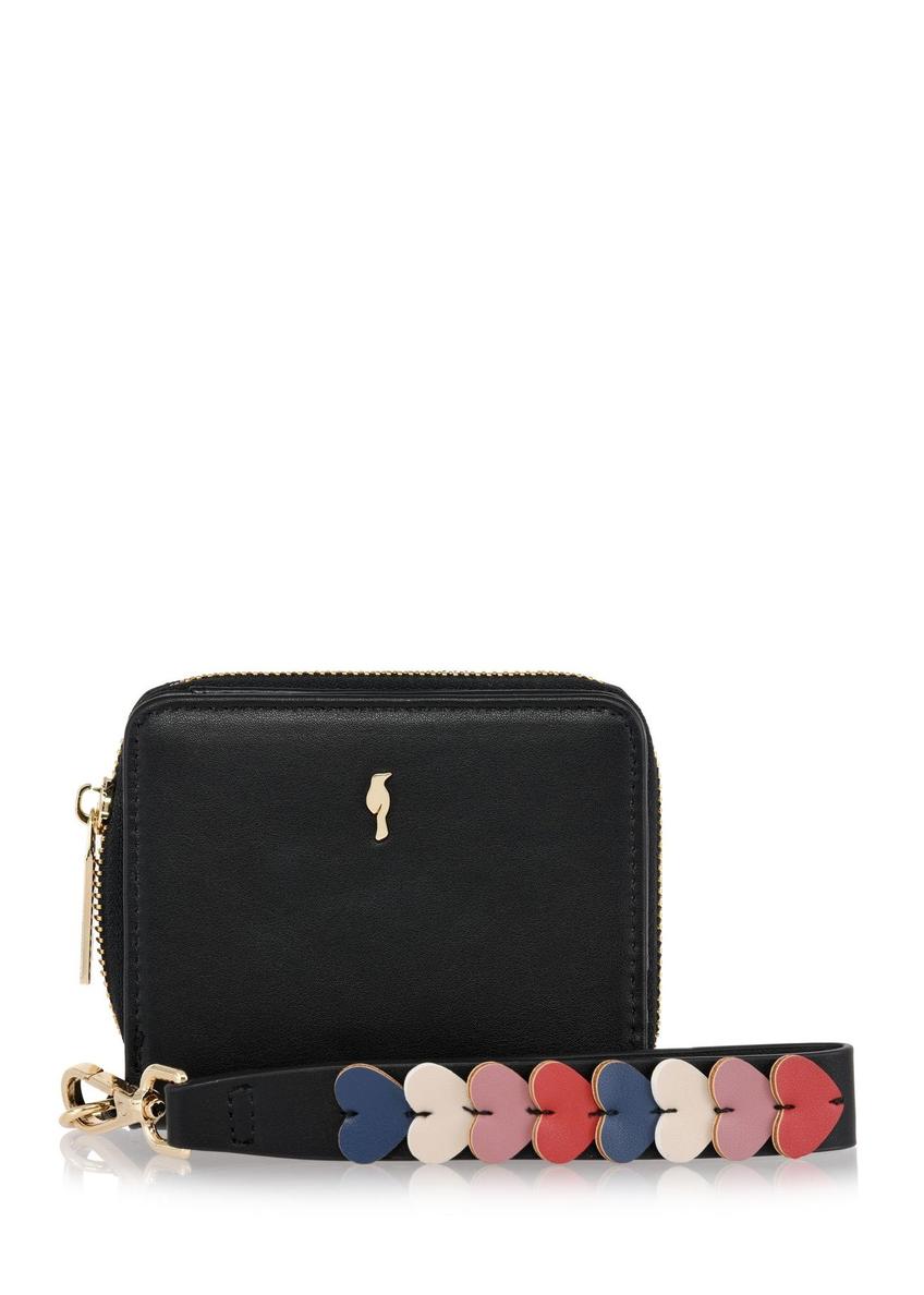 Маленький чорний жіночий гаманець з ручкою POREC-0395A-99(Z25), вигляд виробу спереду на білому тлі.