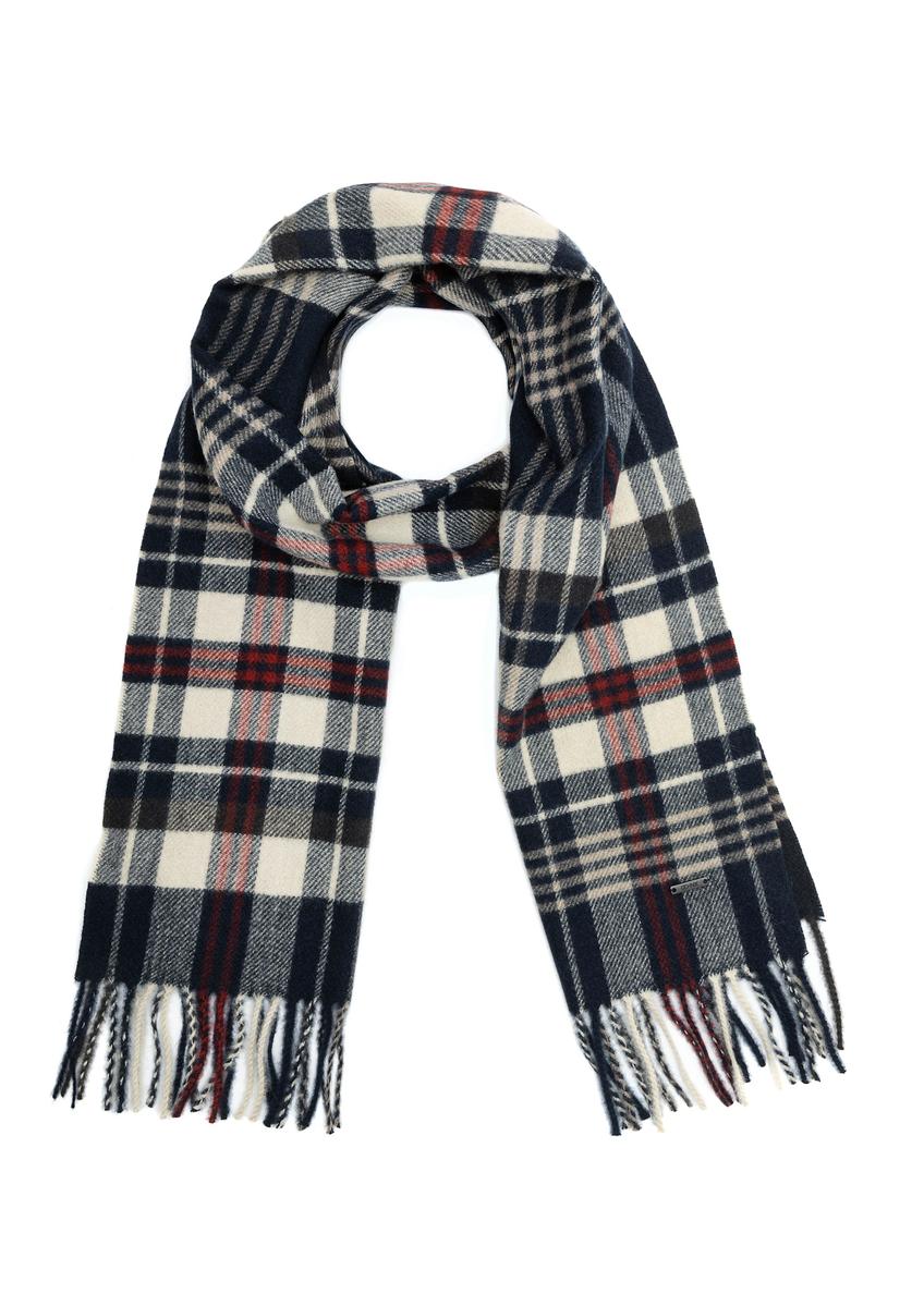 Темно-синій чоловічий картатий шарф SZAMT-0085-69(Z25), вигляд виробу спереду на білому тлі.