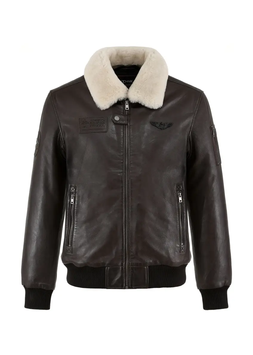 Коричнева шкіряна чоловіча куртка-пілота KURMS-0350-4158(Z25)
