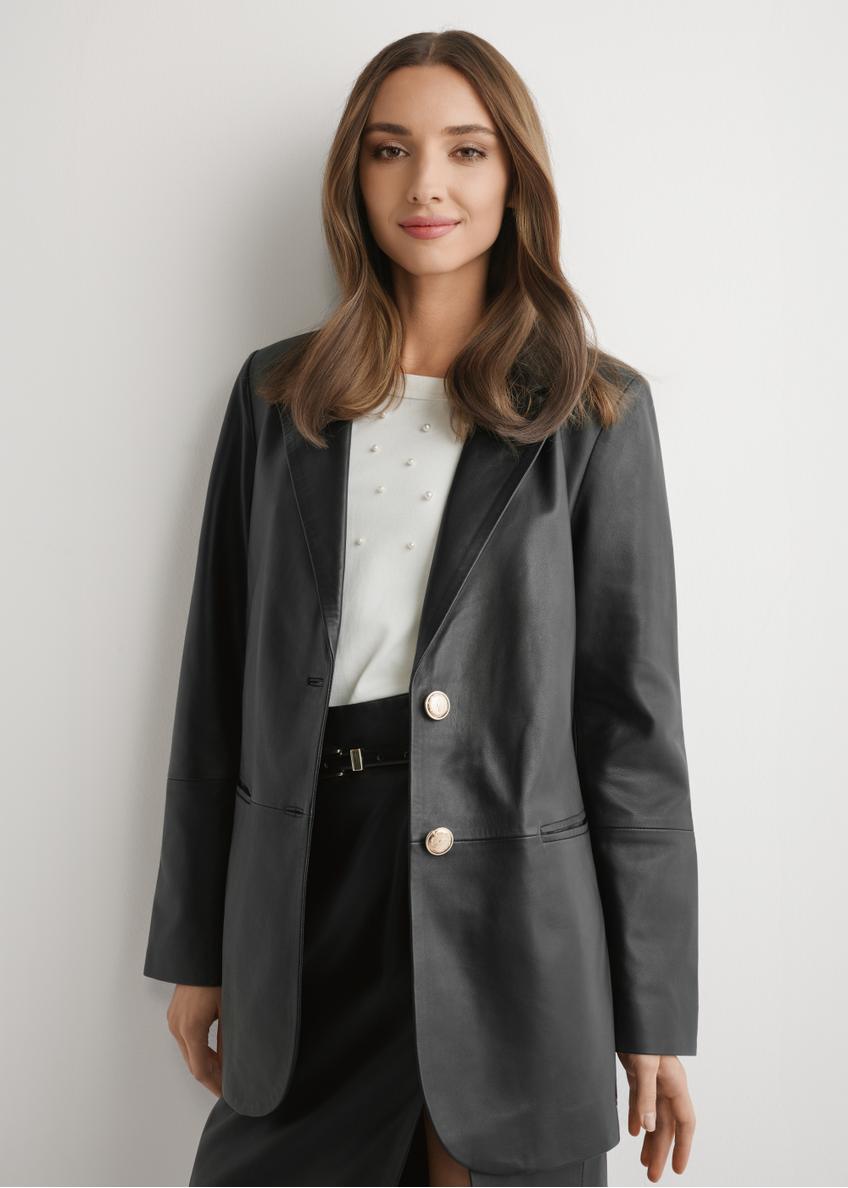 Чорний шкіряний жіночий піджак KURDS-0606-99(W26)