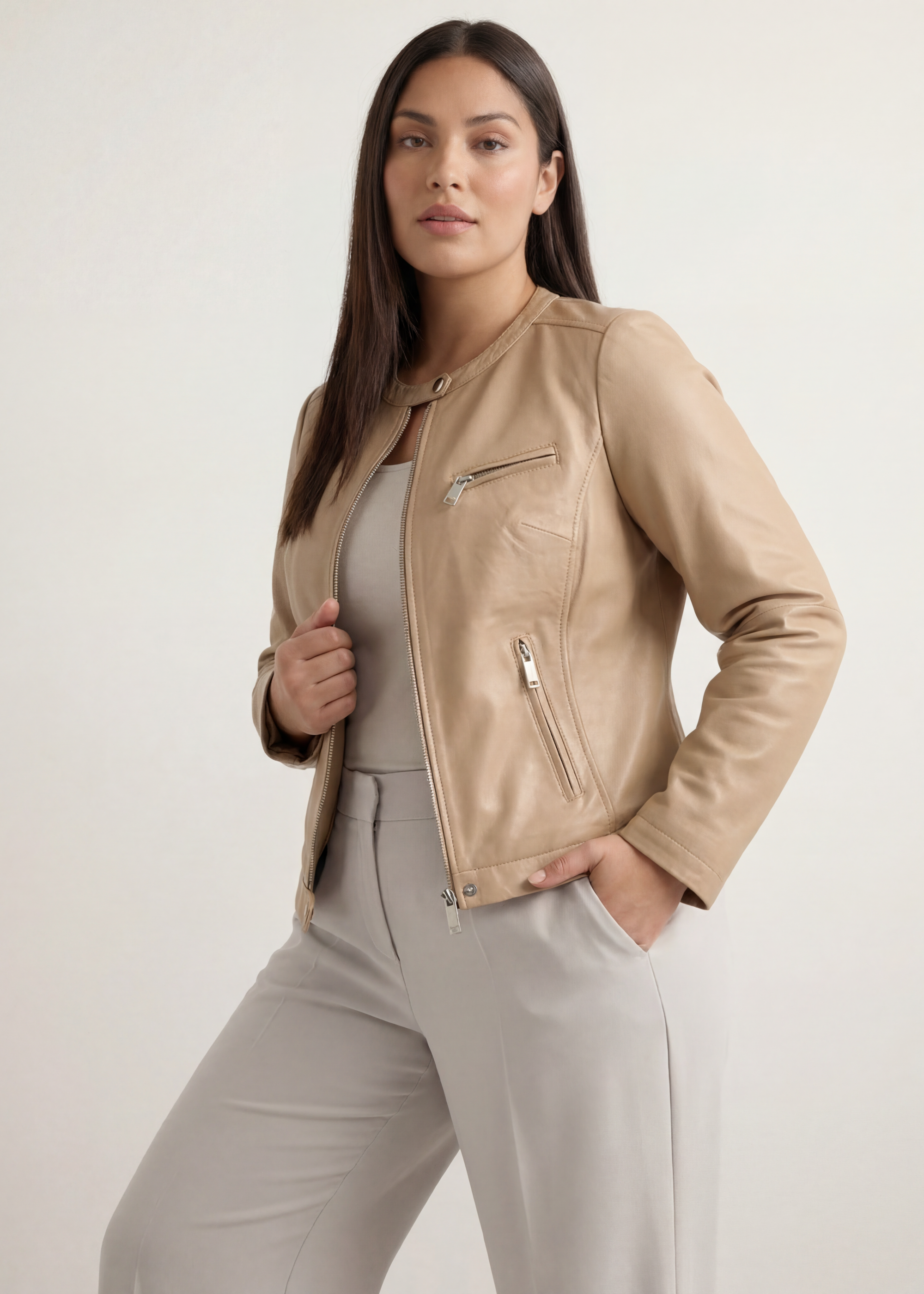 Бежева жіноча шкіряна куртка PLUS SIZE KURDS-0154L-1B(W26)