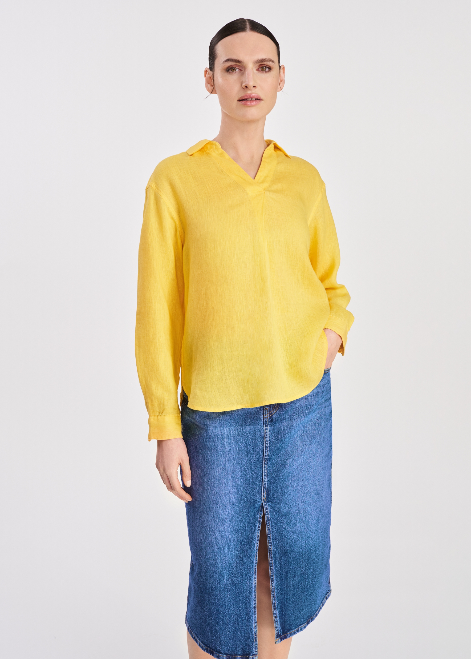Жіноча льняна блузка жовтого кольору BLUDT-0187-21(W25)